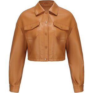 🆕Women Brown Cropped Moto Biker Short Comfortable Faux Leather Fashion Jacket